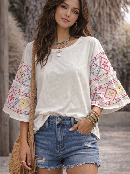 ODDY Tops - ODDY White Top with Multicolor Embroidered Bell Sleeves 2XL